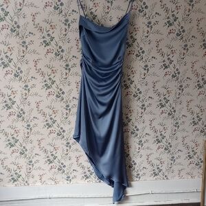 ASTR The Label Silky Assymetrical Slip Dress In French Blue With Sinched Waist